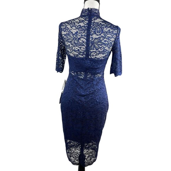 Express Women's Sheath Dress Size 4 Navy Blue Floral Lace Mock Neck Short Sleeve - Picture 6 of 12